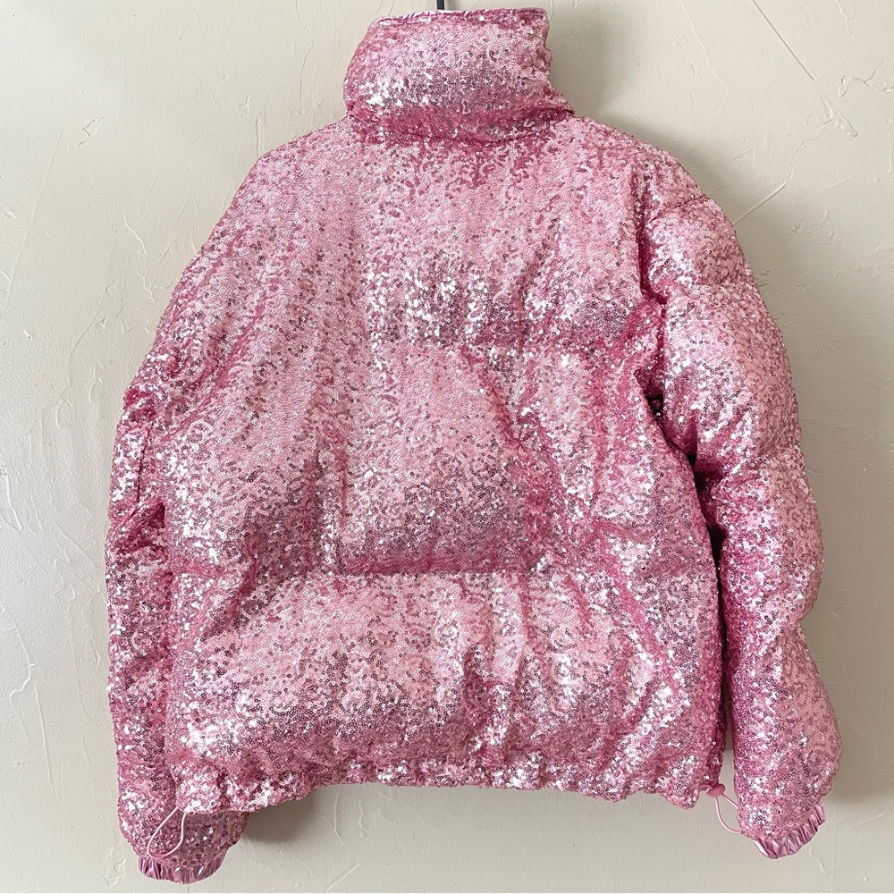 Pink sequin puffer jacket- size Small in women’s. Reversible foil pink - Picture 3 of 9